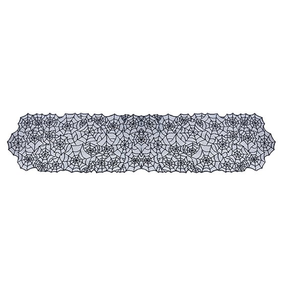 1Pcs Halloween Black Lace Table Runner with Spider Web Pattern, Gothic Netting Overlay for Dining Table, Desk, Kitchen Coffee Bar, and Indoor Party Centerpiece Decor 80x20 Inch Black
