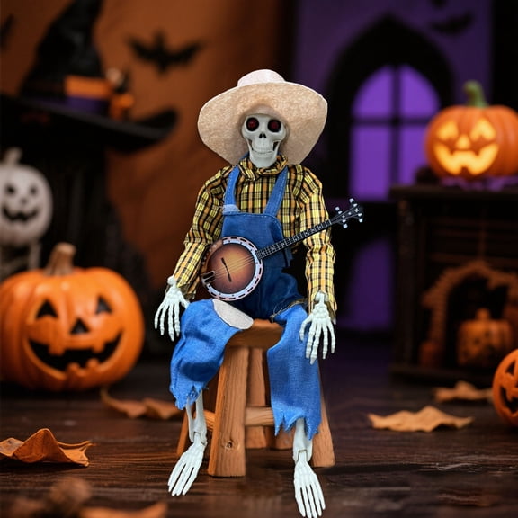 1Pcs Halloween Decoractions - 15.75''Halloween Funny Animated Dueling Banjo Halloween Skeletons Country Skeleton Musicians with Light up Eyes for Halloween Decor Indoor(Yellow)