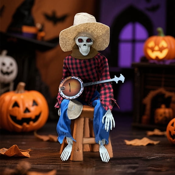 1Pcs Halloween Decoractions - 15.75''Halloween Funny Animated Dueling Banjo Halloween Skeletons Country Skeleton Musicians with Light up Eyes for Halloween Decor Indoor(Red)
