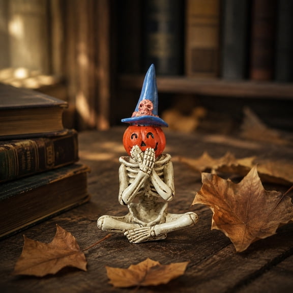 1Pcs Halloween Skeleton Statue, Skeleton Statues with Pumpkin Heads, Hat Pumpkin Skull Ornament, Skeleton Figurines Decorations for Indoor Fireplace Home Kitchen Desk Office Party