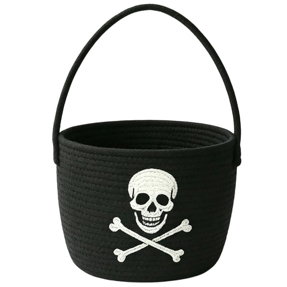1Pcs Halloween Skull Crossbones Candy Basket Tote Bag, Cotton Rope Pumpkin Storage Bucket for Trick-or-Treating, Party Favors, Gift Giving, and Holiday Decor Use 9.8x7.8 Inch White