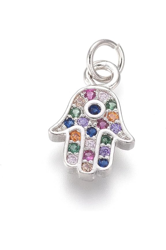 1Pcs Hamsa Hand Charms Brass Micro Pave Cubic Zirconia Charms with Jump Rings Colorful Platinum