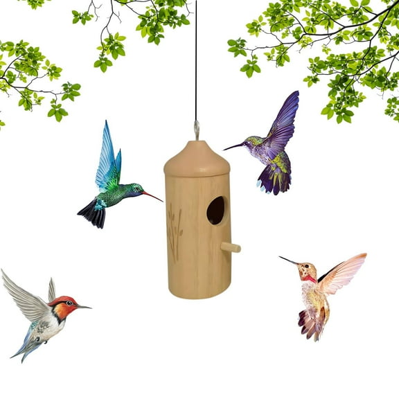 1Pcs Hummingbirds House - 4.7"x2.3" Natural Wooden Nesting Boxes with Metal Hanger Ring, Breathable Garden Decor & Wildlife Habitat for Balcony Patio Nature Lovers