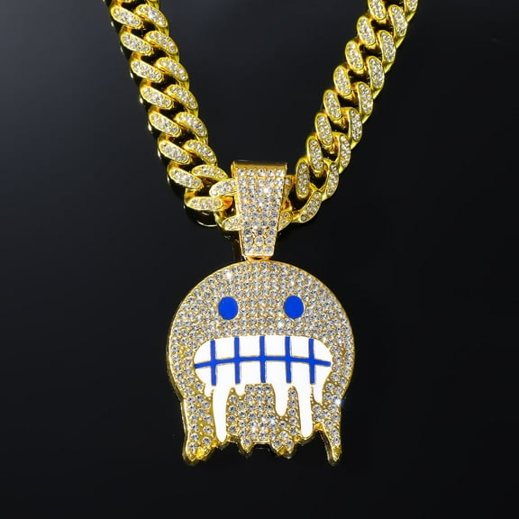 1Pcs Ice Face Emoji Pendant Covered in Diamonds Hanging from a Luxurious Golden Cuban Link Chain