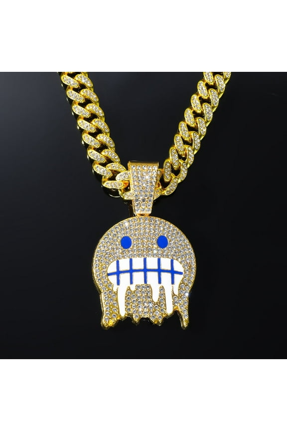 1Pcs Ice Face Emoji Pendant Covered in Diamonds Hanging from a Luxurious Golden Cuban Link Chain