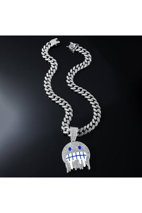 1Pcs Ice Face Emoji Pendant Covered in Diamonds Hanging from a Luxurious Silver Cuban Link Chain