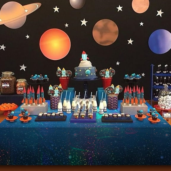 1Pcs Iridescent Space Tablecloths, Disposable Plastic Blue Galaxy Table Cloth Rectangle Table Covers for Space Starry Night Star Theme Party Birthday Party D rations, 54x108 Inch