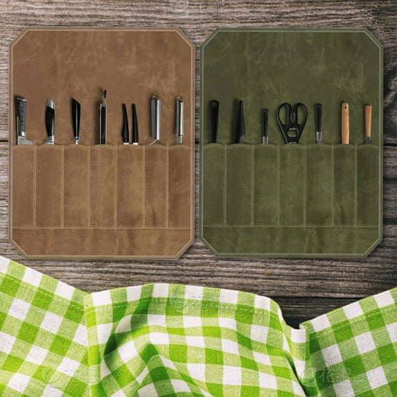 1Pcs Knife Roll Bag under $5! Yrmaups Chef's Knife Bag, Professional Canvas Knife Roll Carry Case, Wet Waxed Canvas with 7 Tool Slots, Travel Knife Holder for Kitchen Tools, Portable Chef Bag