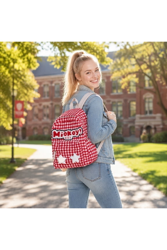 1Pcs Large Capacity Backpack, Cute Plaid Backpack with Star Patches, Spacious School Bag for Daily Commute, Travel and Backļ¼Red gingham large capacity backpack with star patches