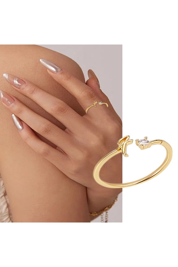 1Pcs Letter Brass Rhinestone Open Cuff Rings Golden A-Z Initial Open Ring for Women Personalized Jewelry Gifts DIY Letter F