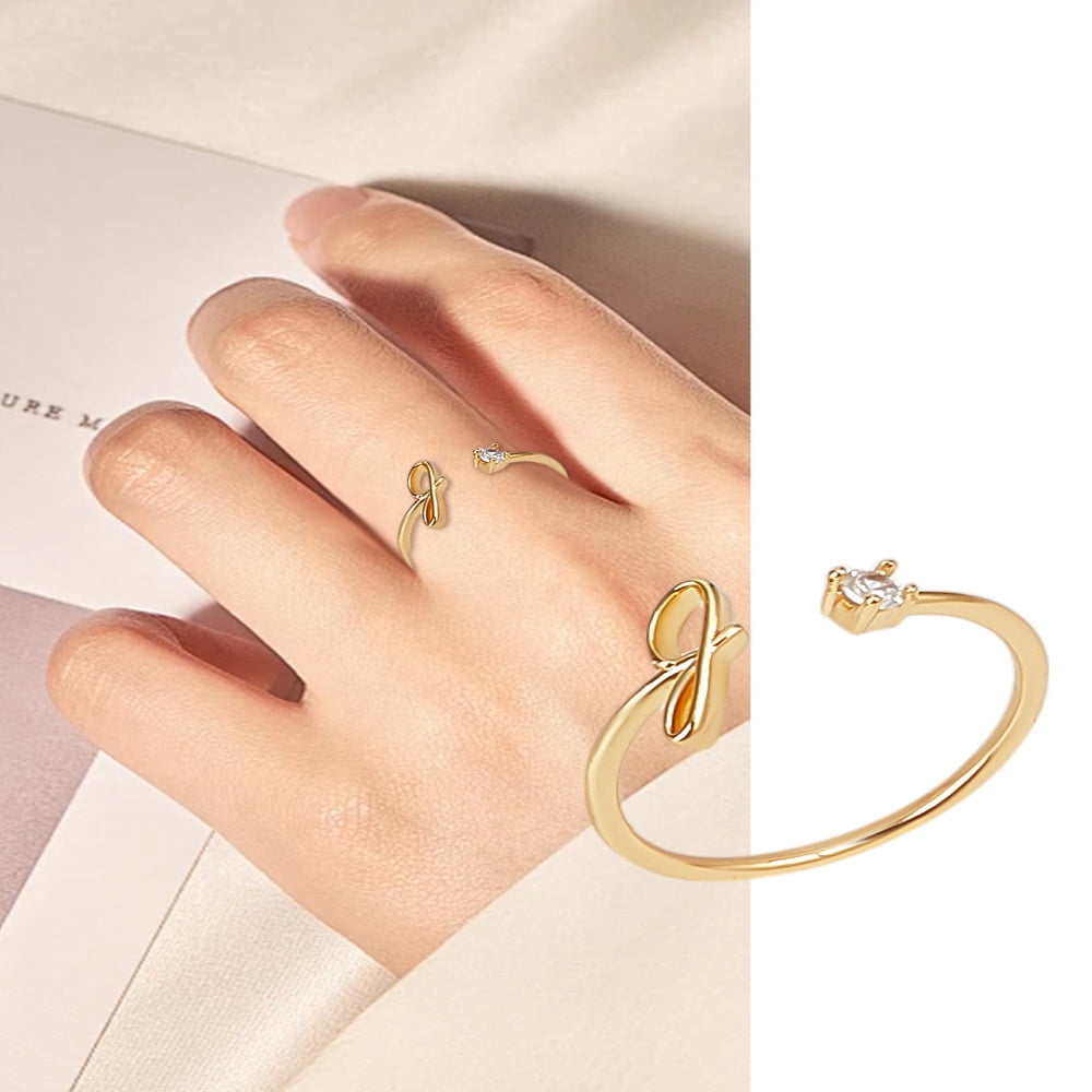 1Pcs Letter Brass Rhinestone Open Cuff Rings Golden A-Z Initial Open ...