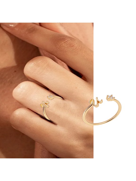 1Pcs Letter Brass Rhinestone Open Cuff Rings Golden A-Z Initial Open Ring for Women Personalized Jewelry Gifts DIY Letter U