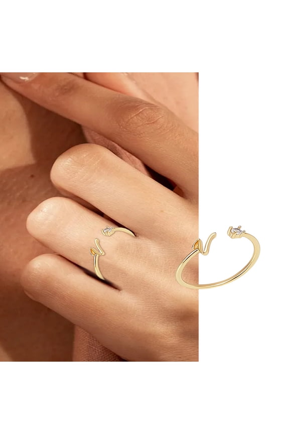 1Pcs Letter Brass Rhinestone Open Cuff Rings Golden A-Z Initial Open Ring for Women Personalized Jewelry Gifts DIY Letter V
