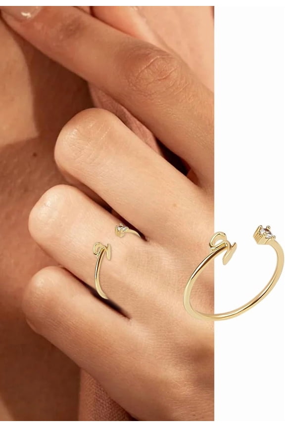 1Pcs Letter Brass Rhinestone Open Cuff Rings Golden A-Z Initial Open Ring for Women Personalized Jewelry Gifts Gold