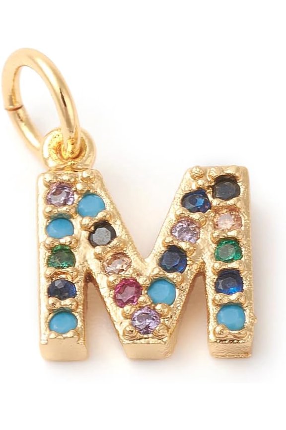 1Pcs Letter.M Pendants Brass Micro Pave Colorful Cubic Zirconia Charms Golden for Women Birthday Festival Elegant Gifts Personalized Jewelry 9x8x2mm Hole: 3mm Brass+Cubic Zirconia