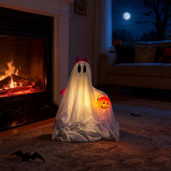 1Pcs Light Up Pink Halloween Ghost Decorations with Hands, 13.7in Cute Girly Halloween Pumpkin Ghost Figurine for Indoor Home Mantel Shelf & Tabletop Decor Pink and White