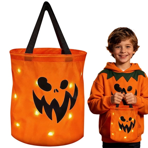 1Pcs Light Up Halloween Trick Or Treat Bucket, Candy Bags for Halloween Party LED Glow in The Dark Goodie Bags for Trick Or Treat Candy Gifts