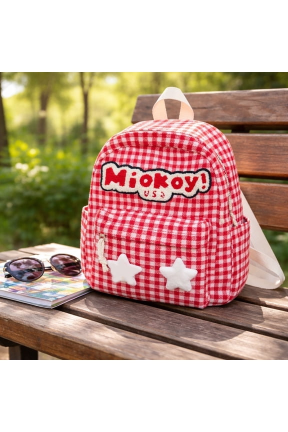 1Pcs Lightweight Red Backpack in Classic Gingham Style, Foldable and Spacious Daypack with Star Details, Ideal Carry All Bag for Commuters and Travelers Alike