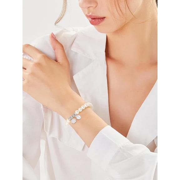 1Pcs Lotus Alloy Charm Bracelets Resin Pearl Round Beads Stretch Bracelets Silver Stackable Wristband