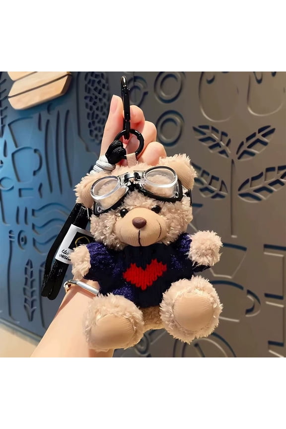 1Pcs Lovely Pilot Bear Keychain Personalized Animal Decoration Plush Bear Bag Charm for Bag and Key Plush Keyring Phone Charm(Black, 3.93 in)