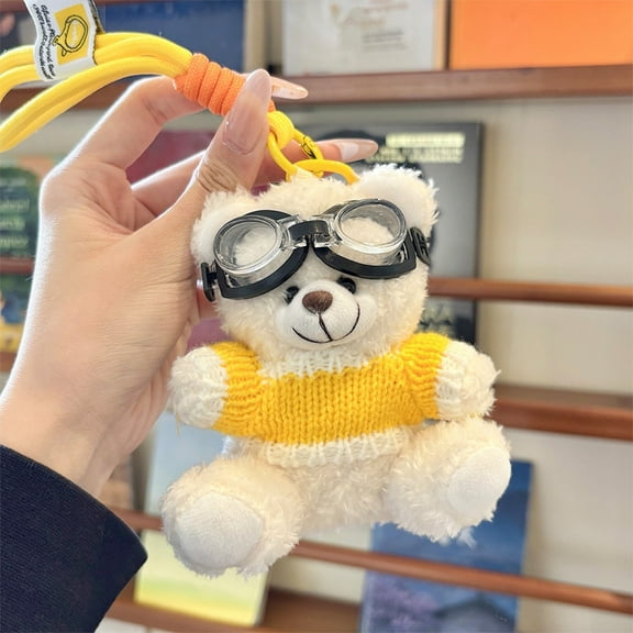 1Pcs Lovely Pilot Bear Keychain Personalized Animal Decoration Plush Bear Bag Charm for Bag and Key Plush Keyring Phone Charm(Yellow, 3.93 in)