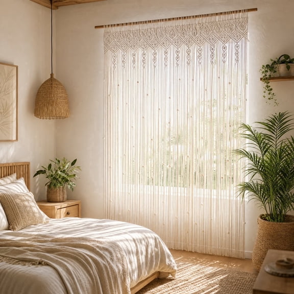 1Pcs Macrame Door Curtain, 36x80inch Cream Cotton Boho Beaded Curtain, Bohemian Curtains, Closet Curtain For Open Closet, Multi-use Macrame Wall Hanging for Doorway Window Kitchen