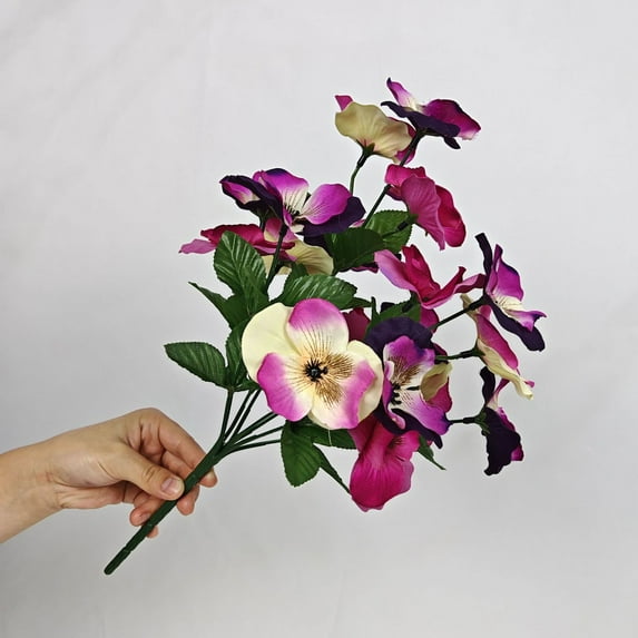 1Pcs Magenta & Purple Realistic Artificial Pansy Bouquet - 13.8in Artificial Flowers For Home Decor, Fake Flowers For Decoration, Wedding Venue Accent & Photography Prop (C)