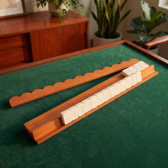 1Pcs Mahjong Tile Rack & Pusher Set, Wooden All-in-one Holders, Scalloped Magnetic Mahjong Racks for Organizing Tiles, Easy to Use for Home Game Nights, Scalloped Edge
