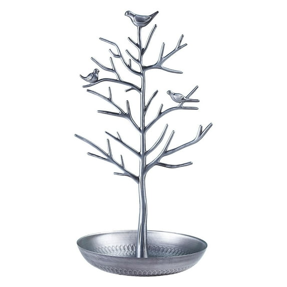 1Pcs Metal Bird Tree Jewelry Display Stand - Nostalgic Candy Tree Shaped Earring Holder for Desktop Decoration, 12X6In (Silver)