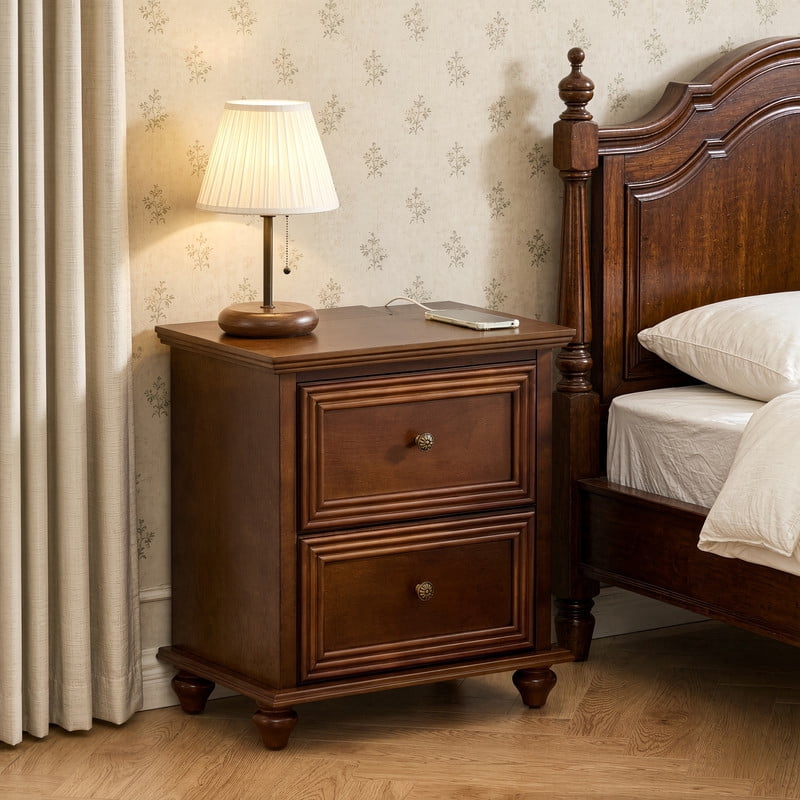 1Pcs Mid-Century Modern Nightstand with Hiiden Charging Station & Adjustable Feet, Wood Side Table Stroage Cabinet with 2 Drawers