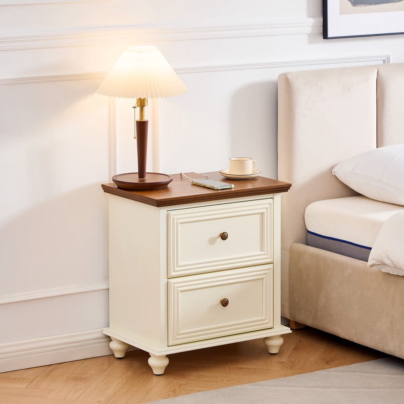 1Pcs Mid-Century Modern Nightstand with Hiiden Charging Station & Adjustable Feet, Wood Side Table Stroage Cabinet with 2 Drawers