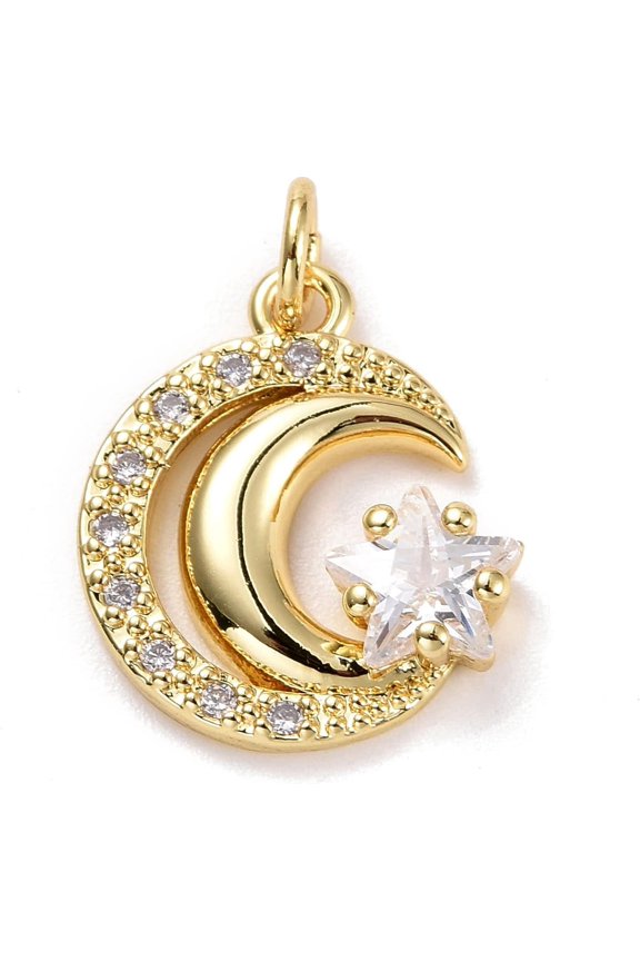 1Pcs Moon & Star Pendants Brass Micro Pave Clear Cubic Zirconia Pendants Long-Lasting Plated Real 18K Gold Plated for Women DIY Necklace Bracelet Earring Jewelry Craft Making 16x14x3.5mm diy