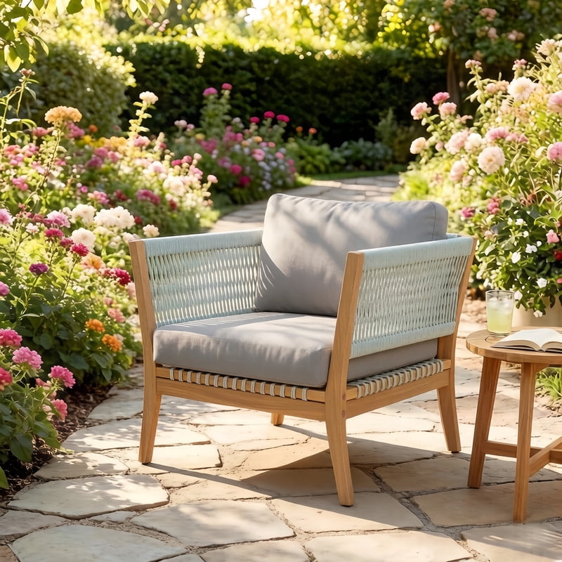1Pcs Outdoor Acacia Wood Dining Chair with Woven Rope Armrests, Weather-Resistant Modern Accent Armchair with Thick Cushions