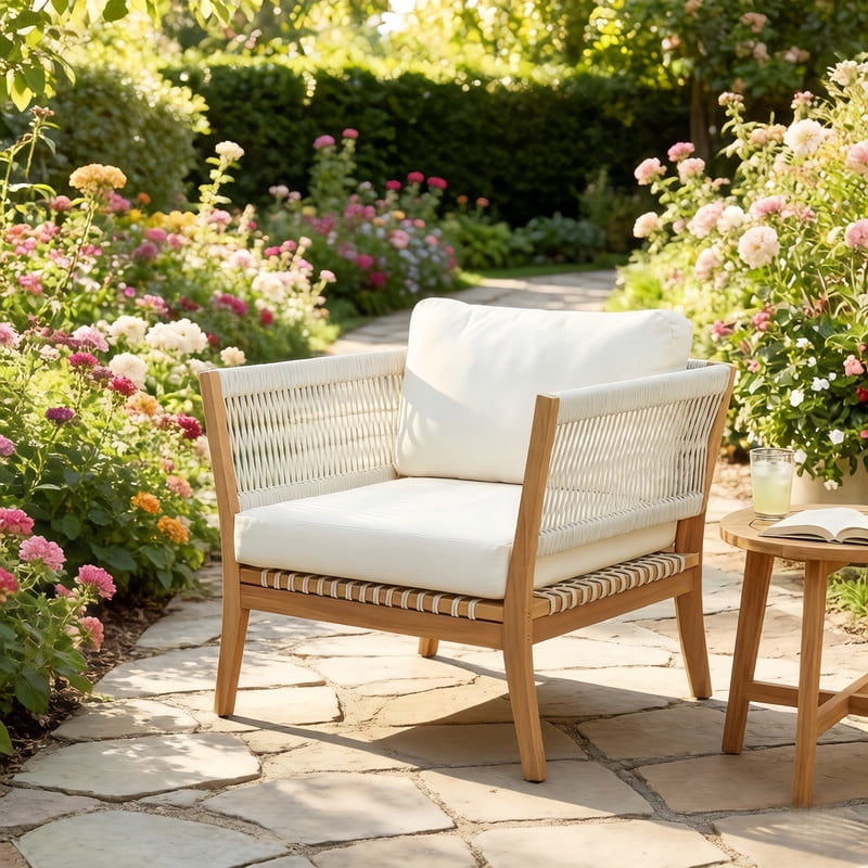 1Pcs Outdoor Acacia Wood Dining Chair with Woven Rope Armrests, Weather-Resistant Modern Accent Armchair with Thick Cushions