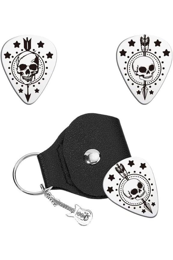1Pcs Personalized Guitar Picks Gifts Guitar Pick Keychain Double-side Engraved Stainless Steel Guitar Pick with PU Leather Case Plectrum Guitar Set