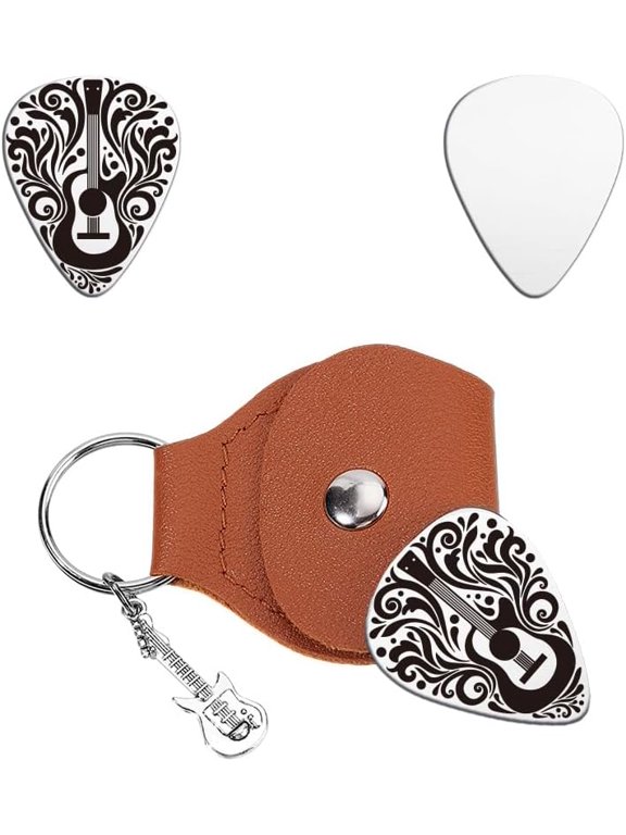 1Pcs Personalized Guitars Pick Gifts Guitar Pick Keychain Musical Instruments Stainless Steel Guitar Picks with PU Leather Case Plectrum Guitars Set for Musician Lover Guitar Player Coffee