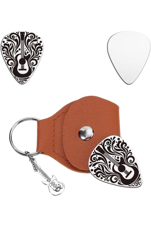 1Pcs Personalized Guitars Pick Gifts Guitar Pick Keychain Musical Instruments Stainless Steel Guitar Picks with PU Leather Case Plectrum Guitars Set for Musician Lover Guitar Player Coffee