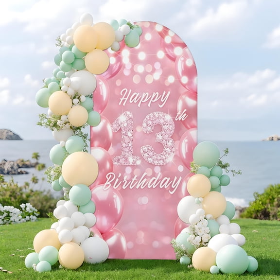 1Pcs Pink Sparkle Happy Birthday Arch Cover, Stretchable Round Top Arch Backdrop Cover for 13th Birthday Party, Photo Booth Background Decoration(3.9FT & 1.6FT;No Brackets)