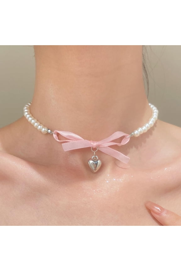 1Pcs Plastic Pearl Beaded Choker Necklaces Alloy Heart Pendant Necklaces Platinum Pendants Jewel for Women Birthday Festival Elegant Gifts DIY Personalized Jewelry 18.11 inch(46cm) for diy