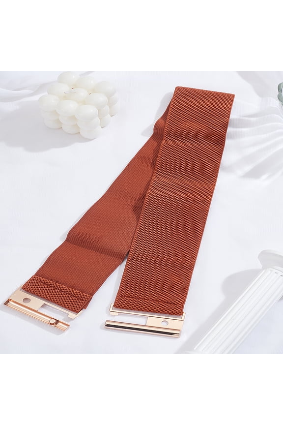 1Pcs Polyester Elastic Chain Belt Alloy Clasp Waist Belt Saddle Brown Adjustable Stretch Waistband for Women Men Dresses Jeans