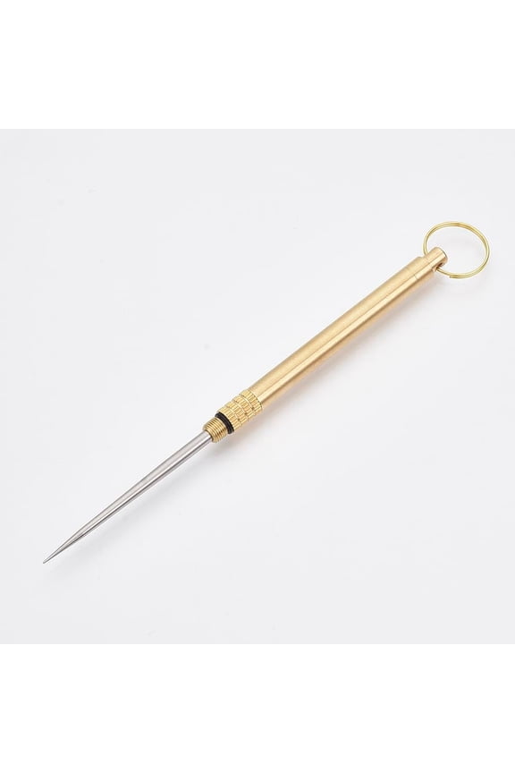 1Pcs Portable Pocket 201 Stainless Steel Toothpick keychain with Brass Holder Iron key Ring for Outdoor Picnic Camping Supply Column Golden 69x6mm Ring: 15x1.5mm Awl: 115x6mm