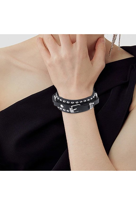 1Pcs Punk Gothic Style PU Leather Cord Bracelets Black Cuff Rivet Bracelet Adjustable Bangle Wristband Wrap 24.2cm