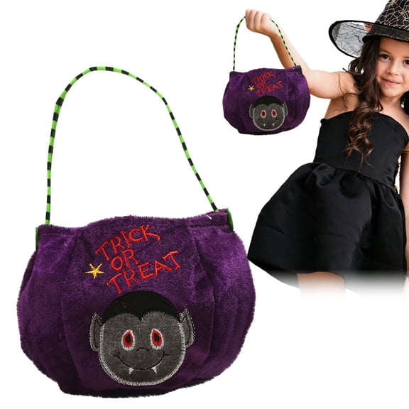 1Pcs Purple Plush Trick Or Treat Tote, Vampire Monster Embroidery Candy Bag With A 12cm/4.72in Handle, Gothic Halloween Table Decor Bucket for Party Favors, Reusable, 15*13cm/5.91*5.12in