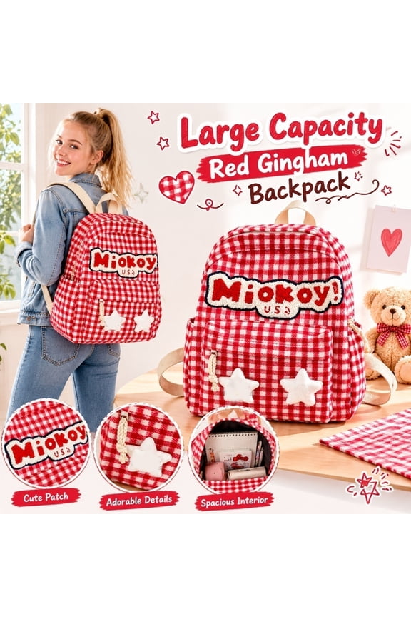 1Pcs Red Backpack with Gingham Pattern and Star Patches, Large Capacity Foldable Daypack for Travel, School, and Daily Commute, Lightweight Casual Rucksack