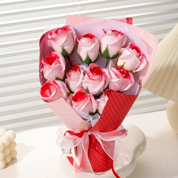 1Pcs Red & Pink Gradient Soap Rose Bouquet - 11.02in Artificial Flowers Bouquet, Fake Flowers Realistic, Gift For Home Decor & Daily Care (C)