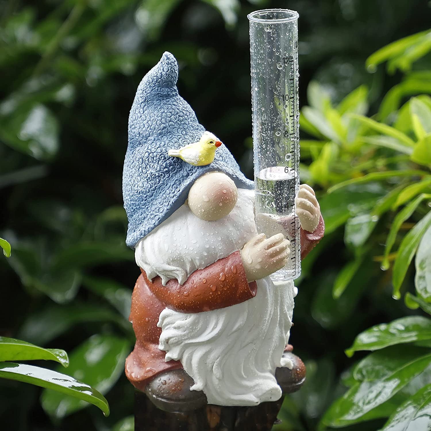 Hand-Painted Resin Gnome Garden Statue with Plastic Rain Gauge