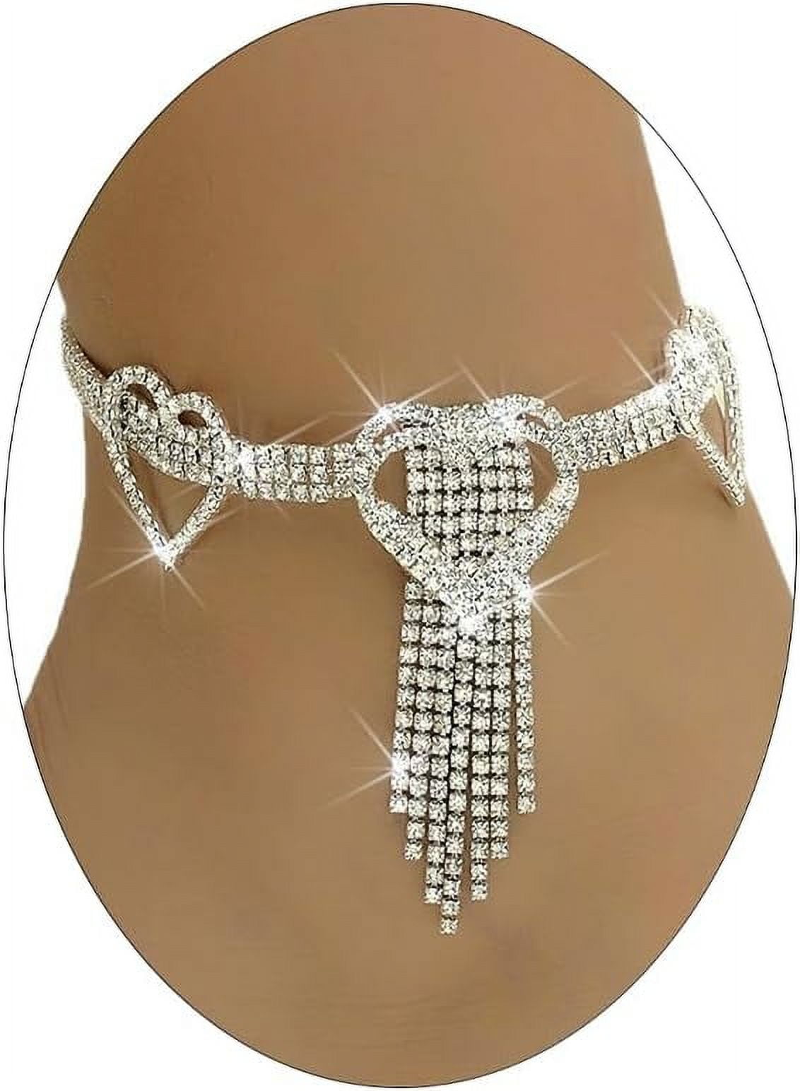 1Pcs Rhinestone Heart Tassel Anklet For Women, Glitter Crystal Fringe