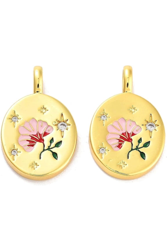 1Pcs Round Pendants with Folwer Rack Plating Brass Micro Pave Clear Cubic Zirconia Pendants with Enamel Real 18K Gold Plated for DIY Necklace Jewelry Craft Making 21x13x2.5mm Hole: 4x2mm diy