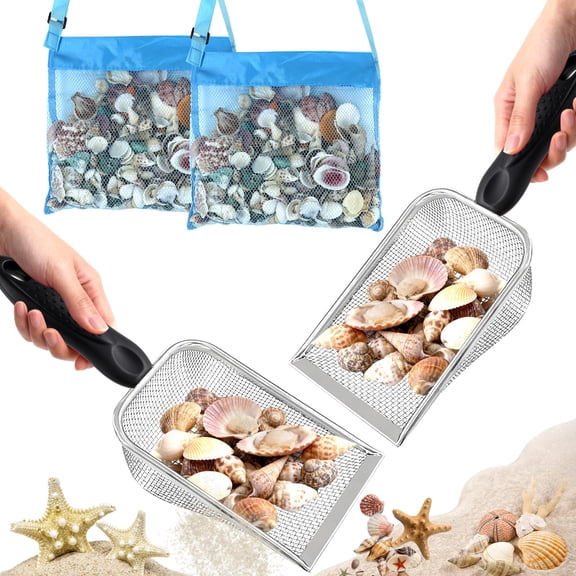 1Pcs Shark Tooth Sifter with 1Pcs Mesh Shell Bags, Beach Sand Sifter, Sea Shell Scooper for Beach, Sand Beach Toys for Kids