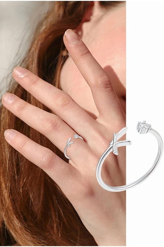 1Pcs Silver Letter A-Z Open Signet Ring for Women Brass Rhinestone Open Cuff Rings for Women Personalized Jewelry Gifts Pink
